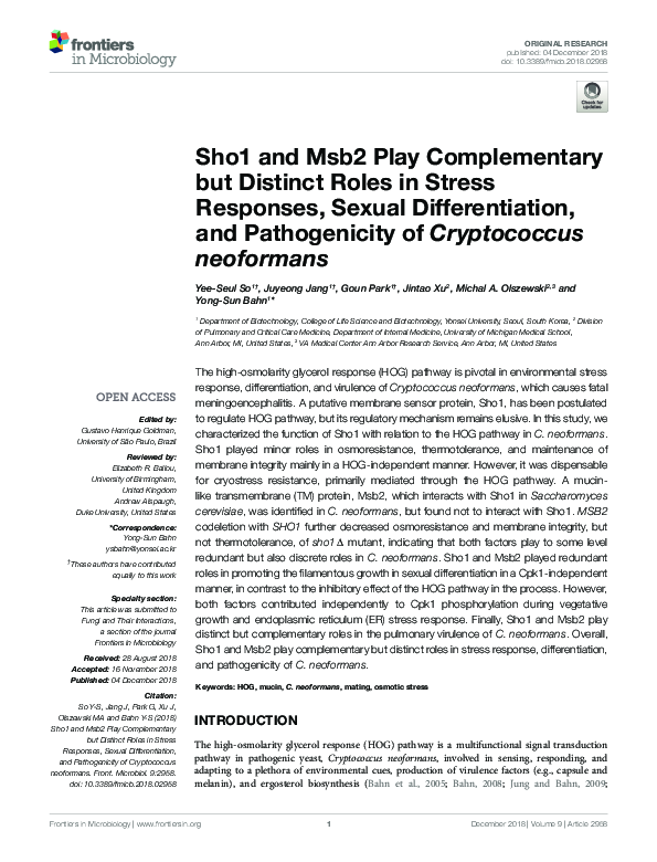 (PDF) Sho1 and Msb2 Play Complementary but Distinct Roles in Stress ...