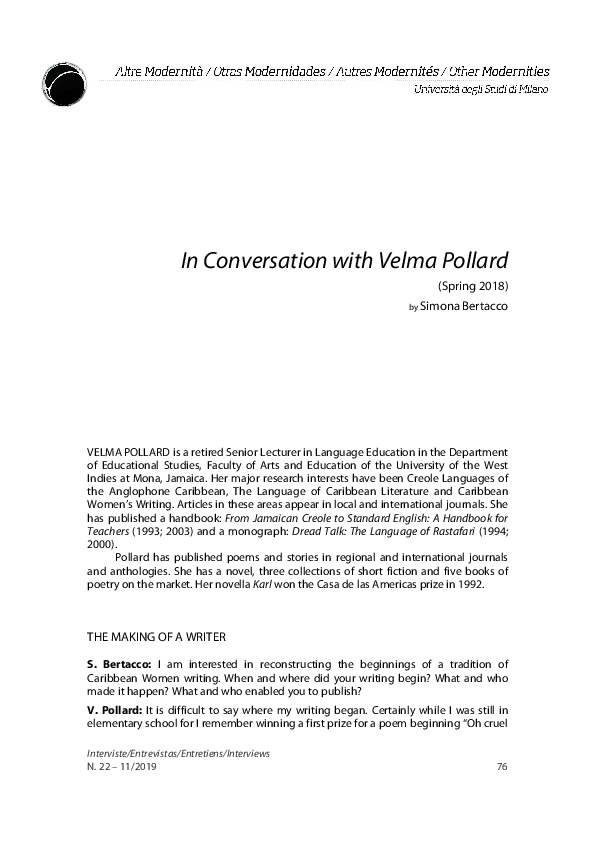 (PDF) In Conversation with Velma Pollard Simona Bertacco Academia.edu