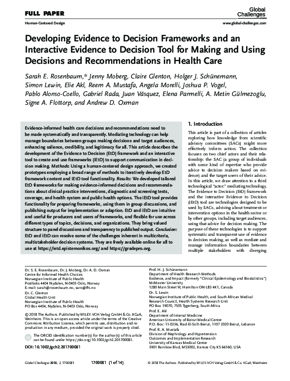 (PDF) Developing Evidence to Decision Frameworks and an Interactive ...