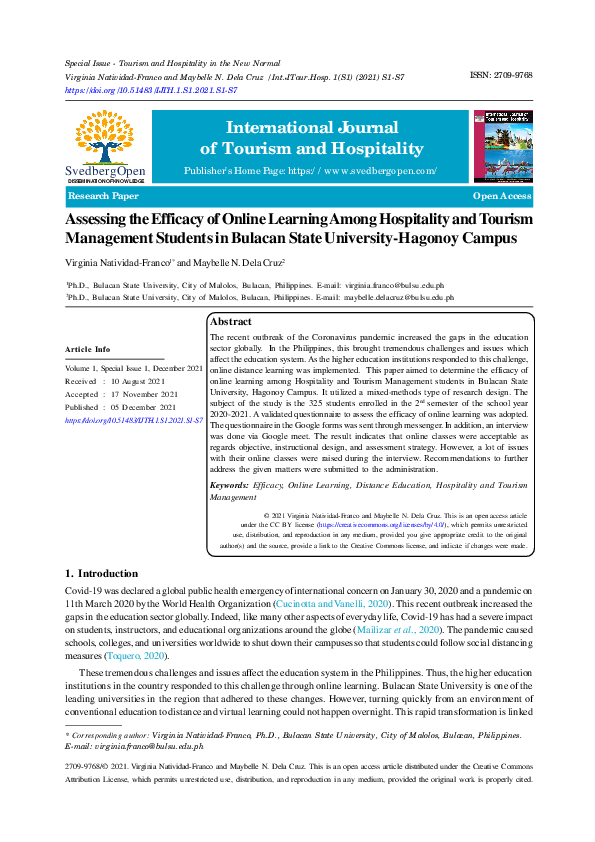 (PDF) Assessing the Efficacy of Online Learning Among Hospitality and ...