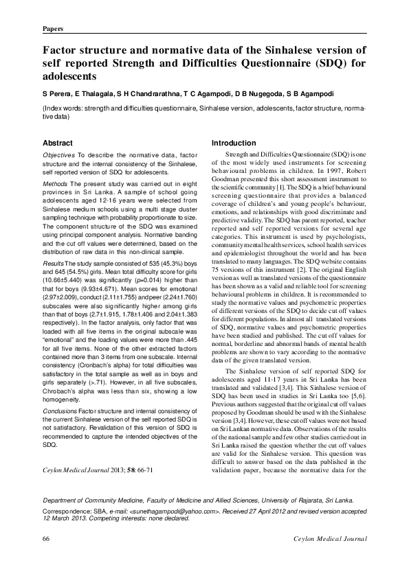 (PDF) Factor structure and normative data of the Sinhalese version of ...