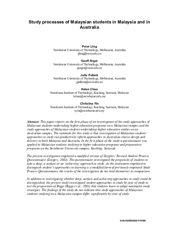 (PDF) Study processes of Malaysian students in Malaysia and in Australia