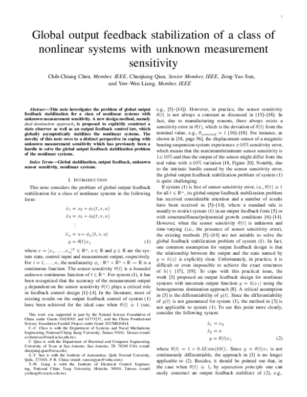 (PDF) Global Output Feedback Stabilization of a Class of Nonlinear ...