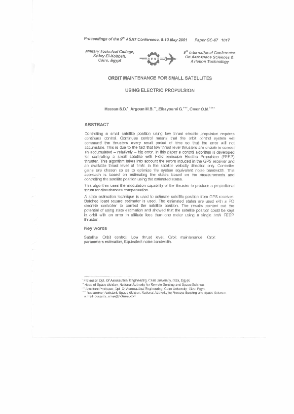 (PDF) Orbit Maintenance for Small Satellites Using Electric Propulsion