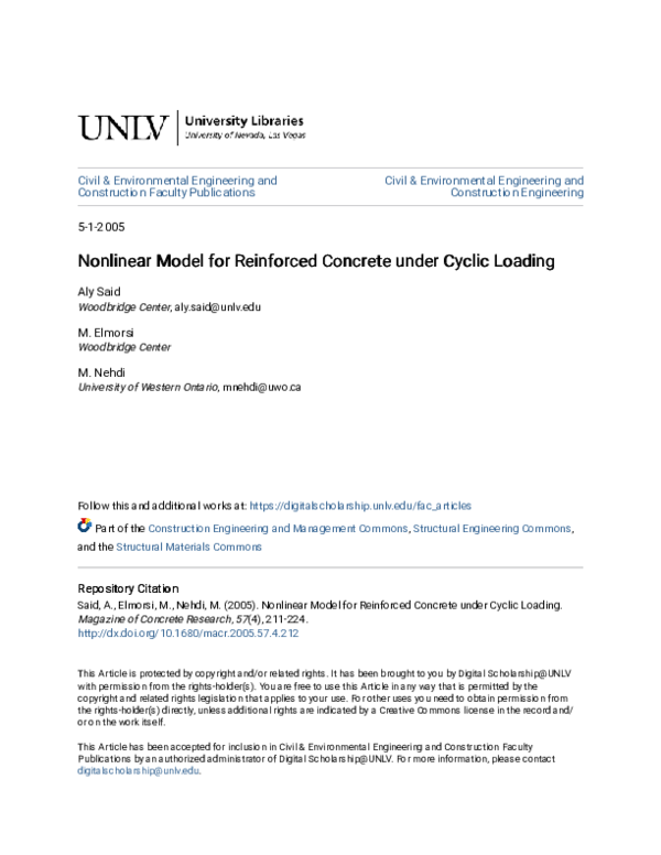 (PDF) Non-linear model for reinforced concrete under cyclic loading