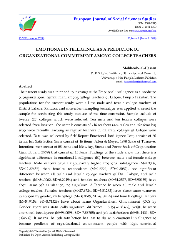 (PDF) Emotional Intelligence as a Predictor of Organizational ...