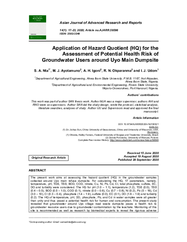 (PDF) Application of Hazard Quotient (HQ) for the Assessment of ...