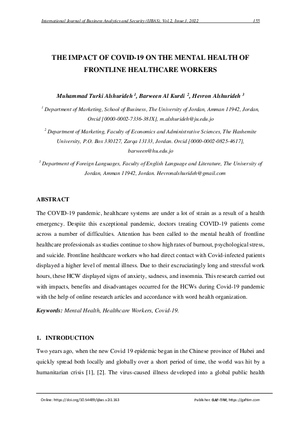 (PDF) The Impact of COVID-19 on the Mental Health of Frontline ...