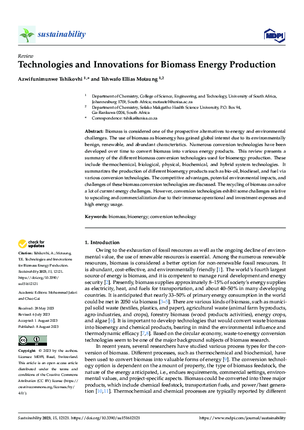(PDF) Technologies and Innovations for Biomass Energy Production