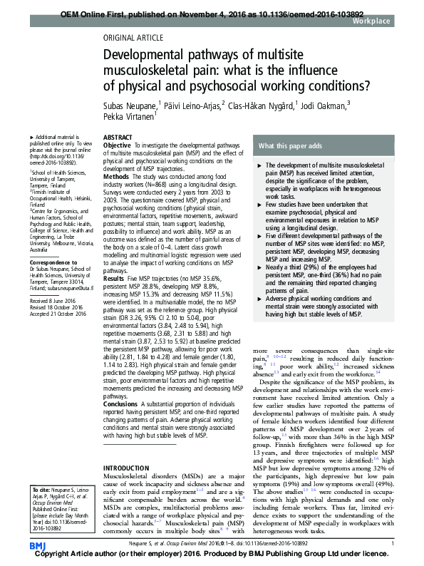 (PDF) Developmental pathways of multisite musculoskeletal pain: what is ...