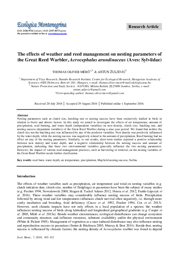 (PDF) The Effects of Weather and Reed Management on Nesting Parameters ...