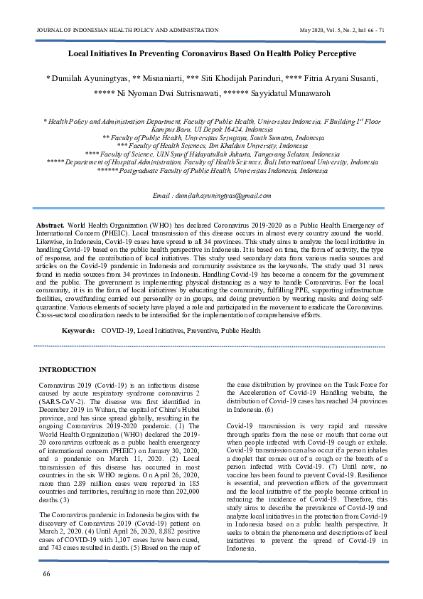 Local Initiatives In Preventing Coronavirus Based On Health Policy Perceptive