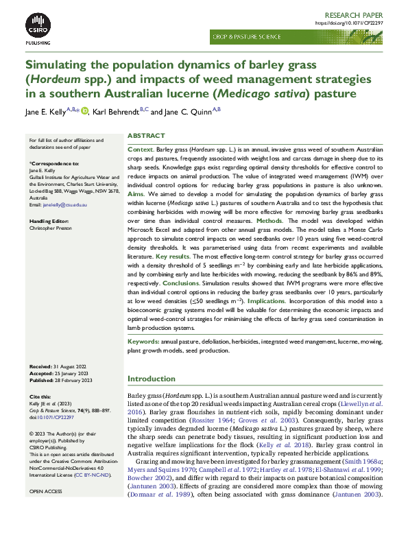 Simulating the population dynamics of barley grass (Hordeum spp.) and impacts of weed management strategies in a southern Australian lucerne (Medicago sativa) pasture