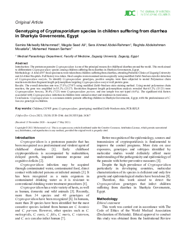 (PDF) Genotyping of Cryptosporidium species in children suffering from ...