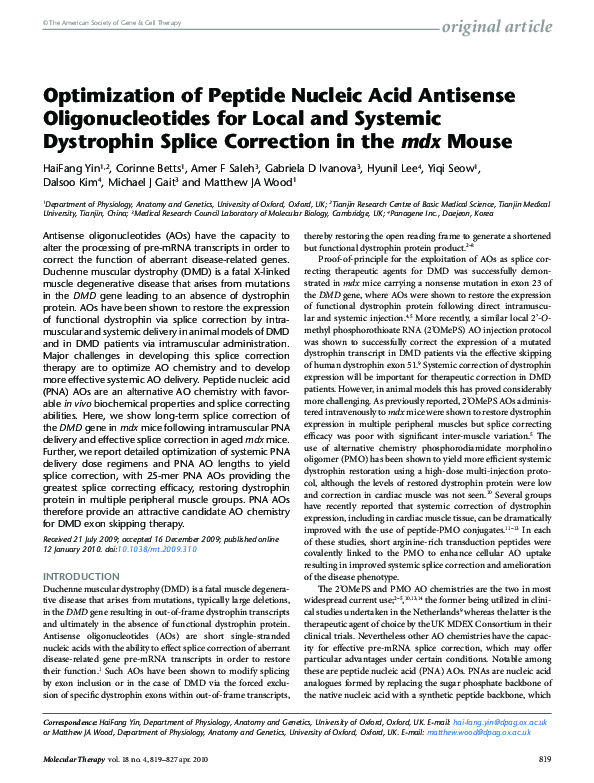 (PDF) Optimization of Peptide Nucleic Acid Antisense Oligonucleotides ...