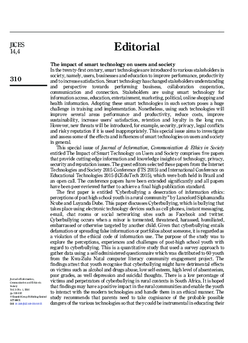 (PDF) Editorial: The impact of smart technology on users and society