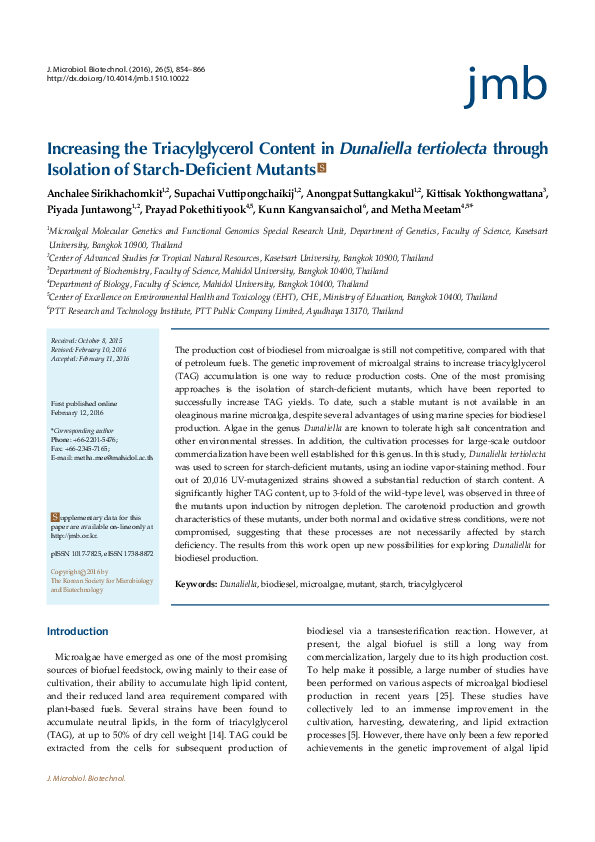 (PDF) Increasing the triacylglycerol content in Dunaliella tertiolecta ...