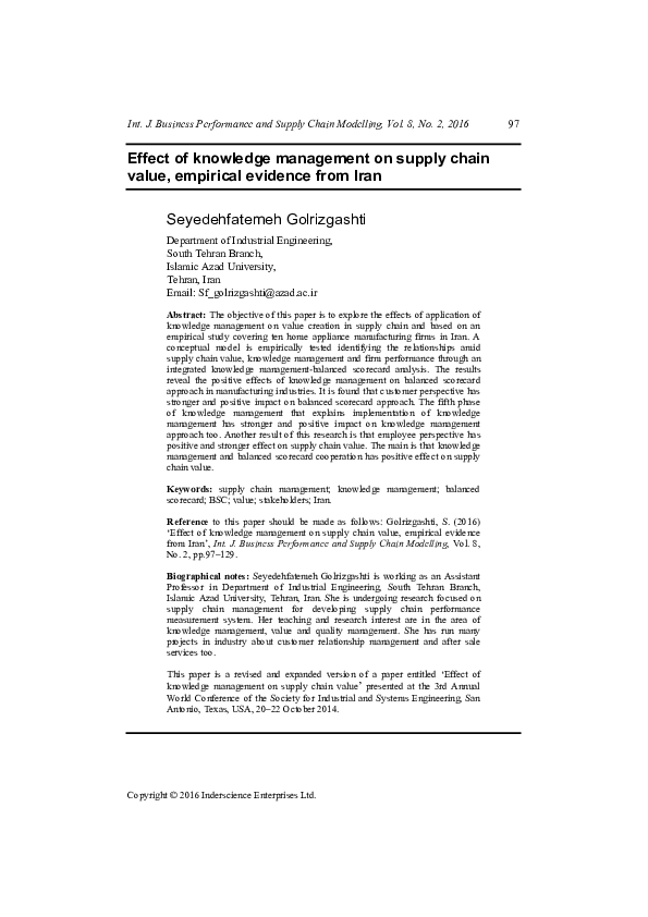 (PDF) Effect of knowledge management on supply chain value, empirical ...