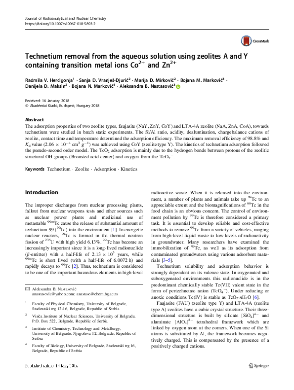 (PDF) Technetium removal from the aqueous solution using zeolites A and ...