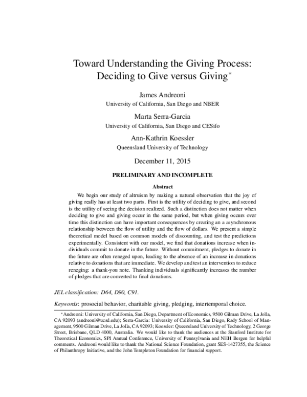 (PDF) Toward Understanding the Giving Process : Deciding to Give versus ...