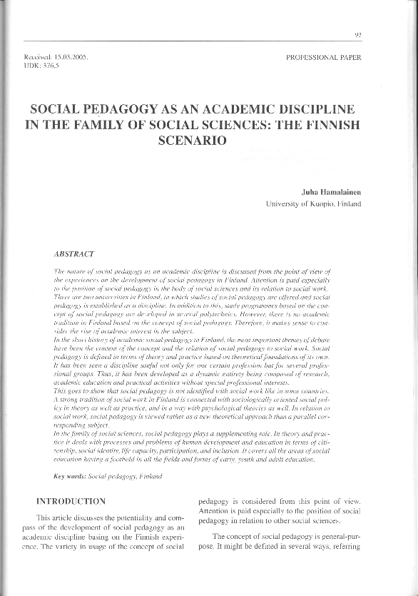 (PDF) Social pedagogy as an academic discipline in the family of social ...