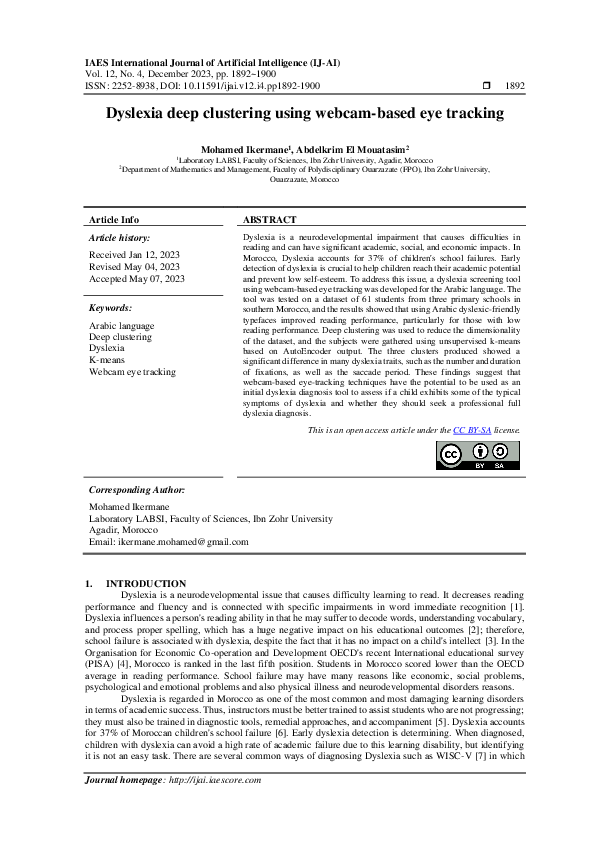 (PDF) Dyslexia deep clustering using webcam-based eye tracking