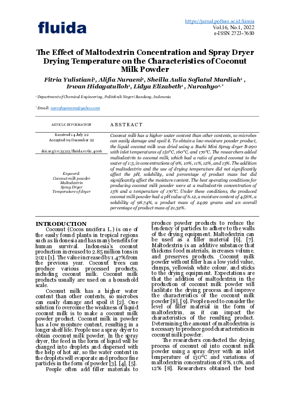 (PDF) The Effect of Maltodextrin Concentration and Spray Dryer Drying