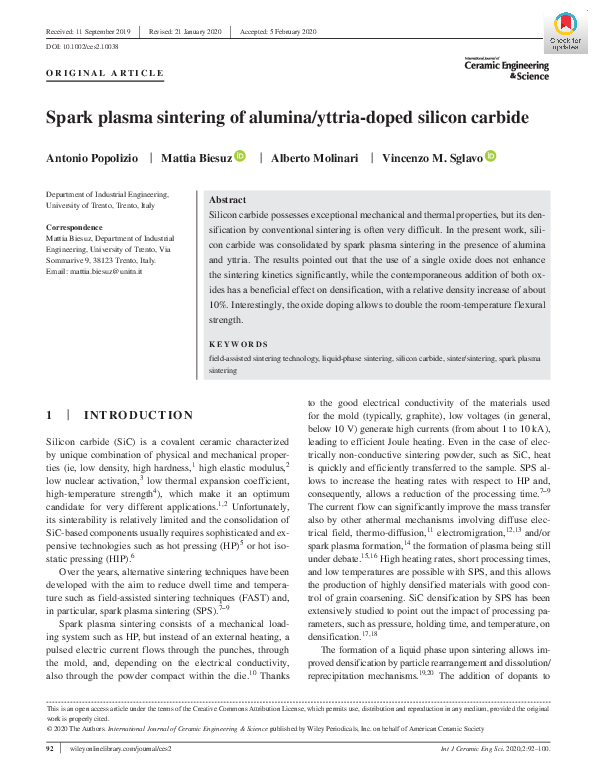 (PDF) Spark plasma sintering of alumina/yttria‐doped silicon carbide