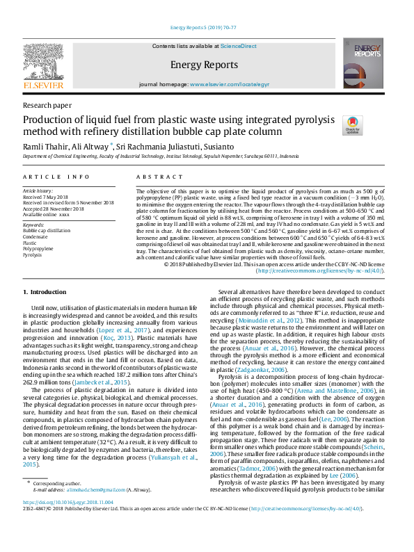 (PDF) Production of liquid fuel from plastic waste using integrated ...