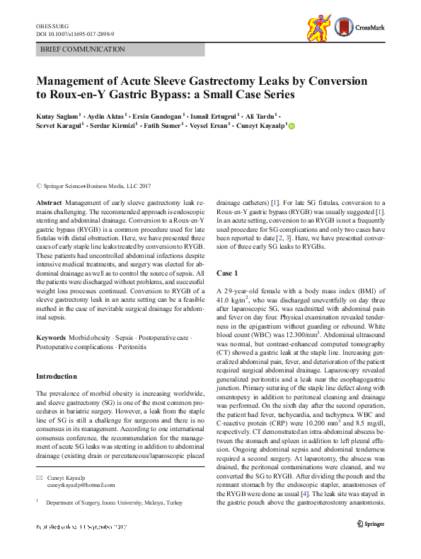 (PDF) Management of Acute Sleeve Gastrectomy Leaks by Conversion to