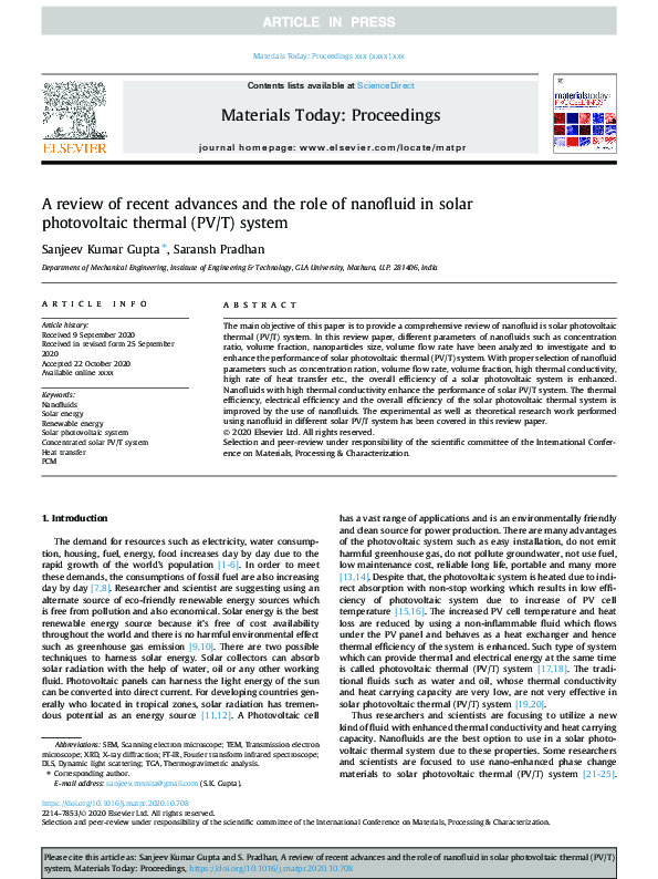 (PDF) A review of recent advances and the role of nanofluid in solar ...