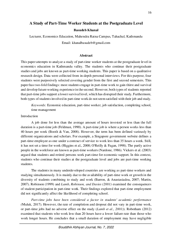 (PDF) A Study of Part-Time Worker Students at the Postgraduate Level
