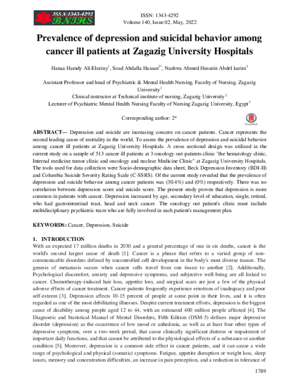 (PDF) Prevalence of depression and suicidal behavior among cancer ill ...
