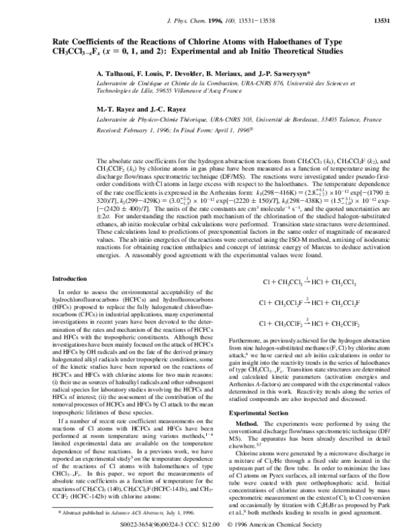 (PDF) Rate Coefficients of the Reactions of Chlorine Atoms with ...