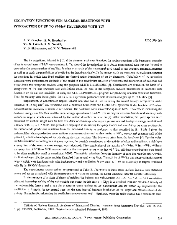 (PDF) Excitation functions for nuclear reactions with interaction of up ...