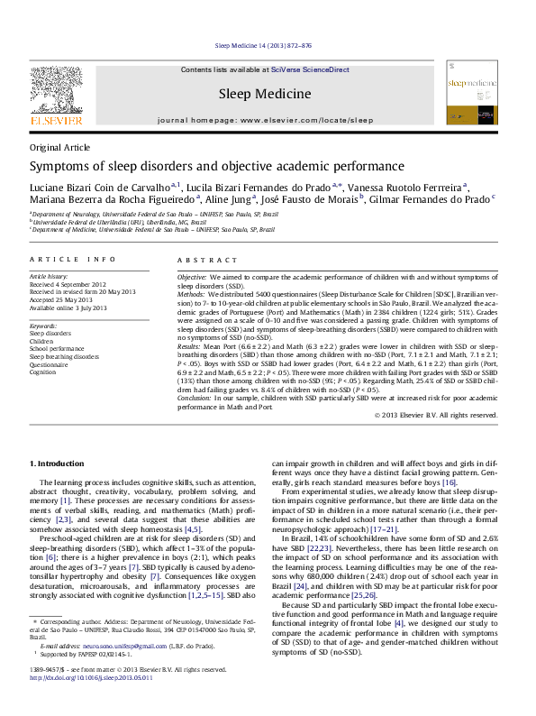 (PDF) Symptoms of sleep disorders and objective academic performance