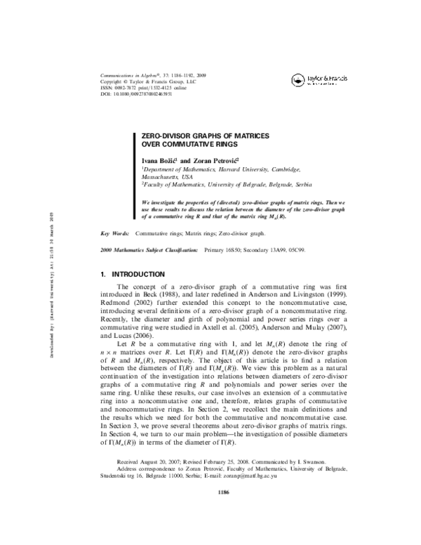 (PDF) Zero-Divisor Graphs of Matrices Over Commutative Rings