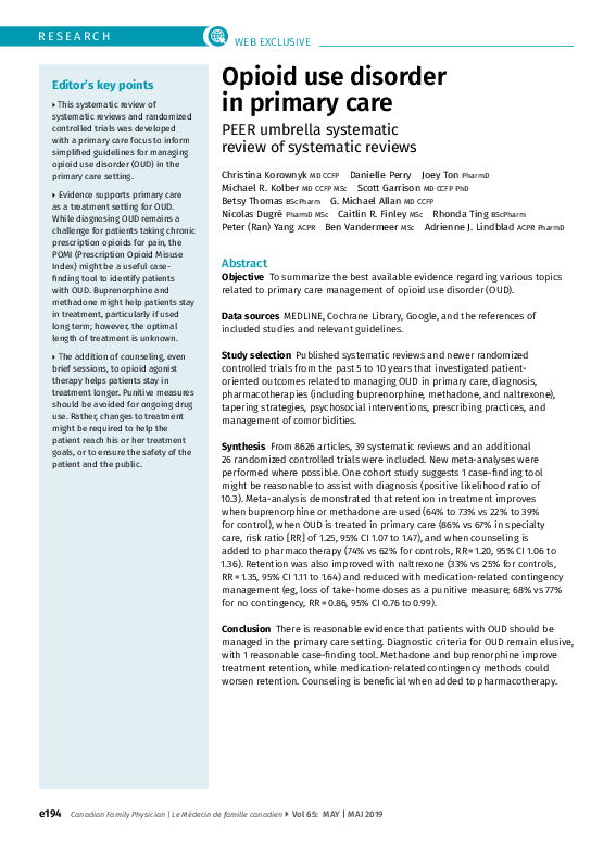 (PDF) Opioid use disorder in primary care: PEER umbrella systematic ...