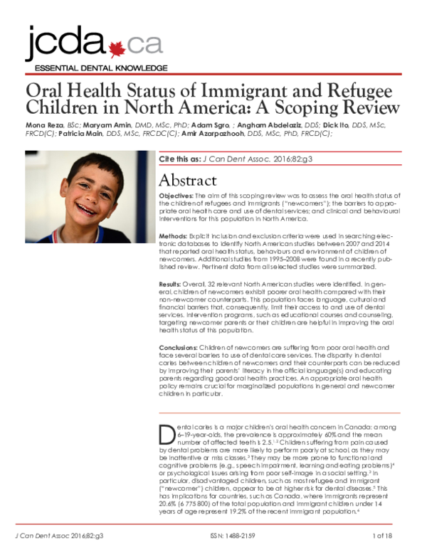 (PDF) Oral Health Status of Immigrant and Refugee Children in North ...