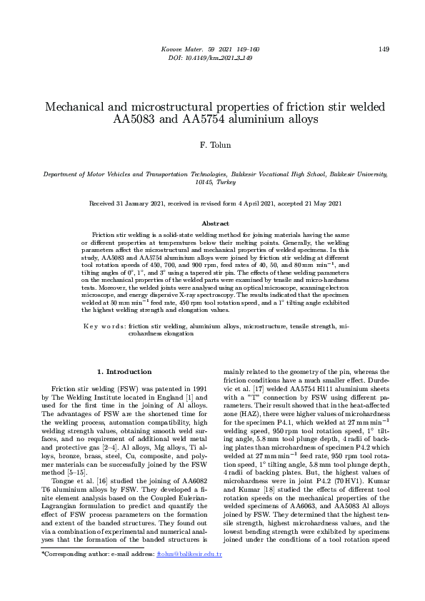 (PDF) Mechanical and microstructural properties of friction stir welded ...