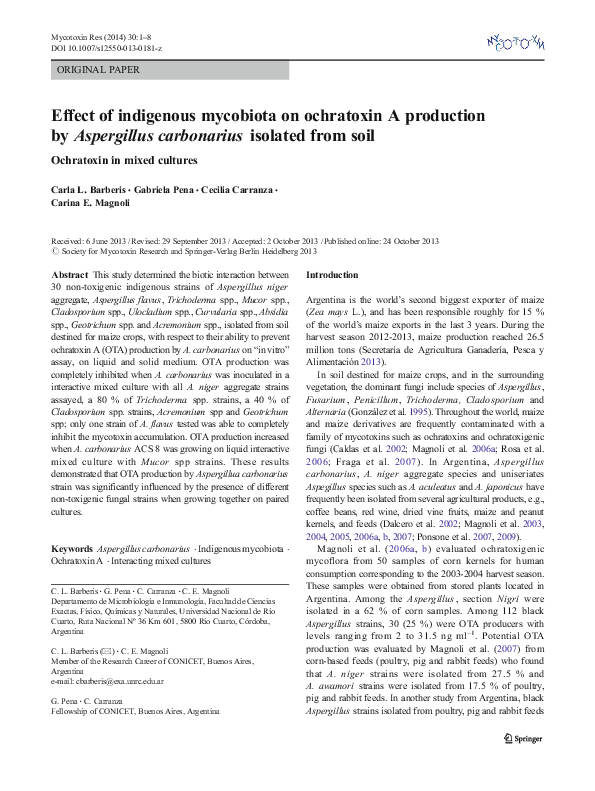 (PDF) Effect of indigenous mycobiota on ochratoxin A production by ...