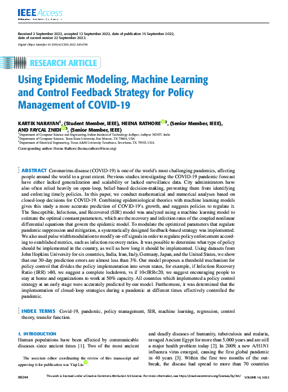 (PDF) Using Epidemic Modeling, Machine Learning and Control Feedback ...