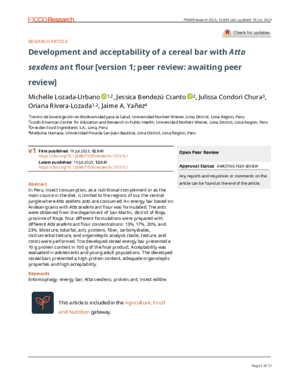 (PDF) Development and acceptability of a cereal bar with Atta sexdens ...