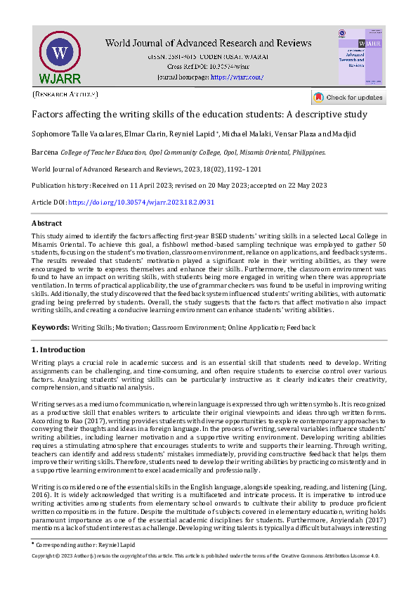 (PDF) Factors Affecting the Writing Skills of the Education Students: A ...