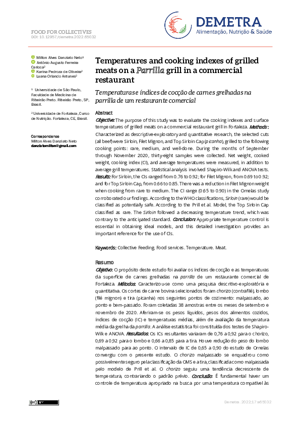 Temperatures and cooking indexes of grilled meats on a Parrilla grill in a commercial restaurant
