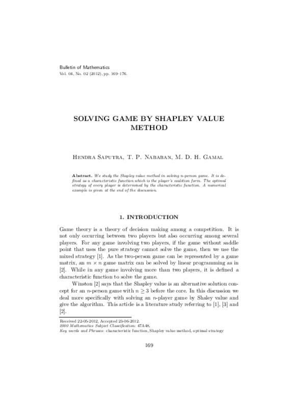(PDF) Solving Game by Shapley Value Method | Hendra Saputra - Academia.edu