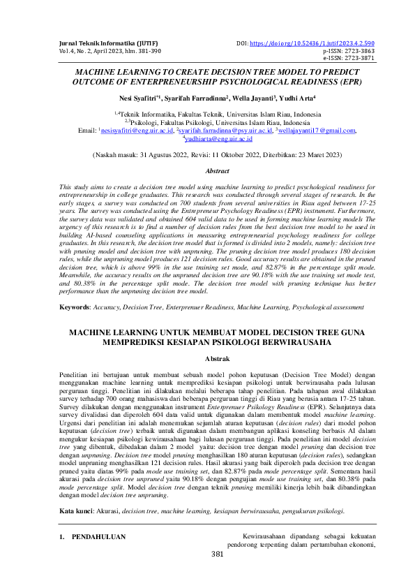 (PDF) Machine Learning to Create Decision Tree Model to Predict Outcome ...