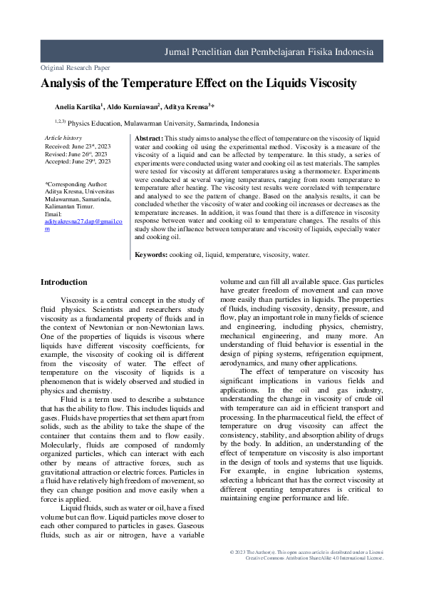 (PDF) Analysis of the Temperature Effect on the Liquids Viscosity