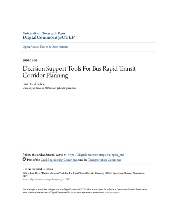 (PDF) Decision Support Tools for Bus Rapid Transit Corridor Planning