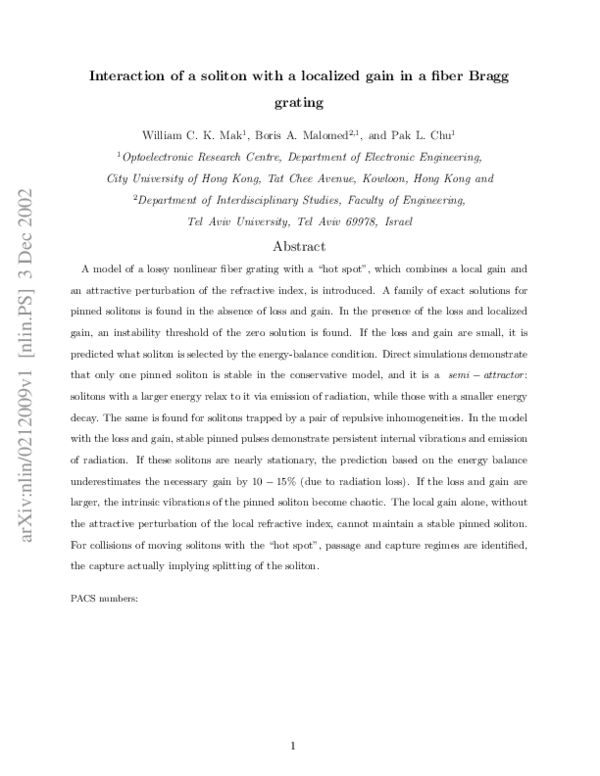(PDF) Interaction of a soliton with a localized gain in a fiber Bragg ...